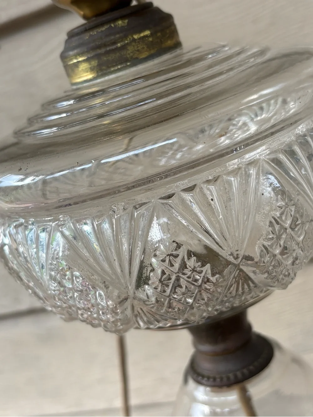 VTG glass table lamp features a converted kerosene lamp design with a brass burn
